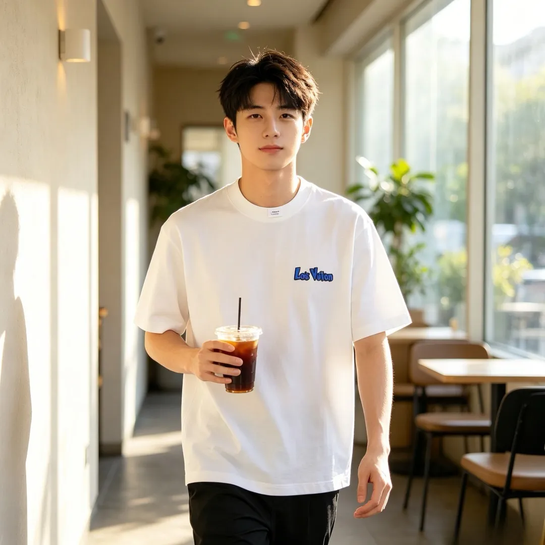 Louis Vuitton/Louis Vuitton blue and white graffiti logo printed short-sleeved front and back